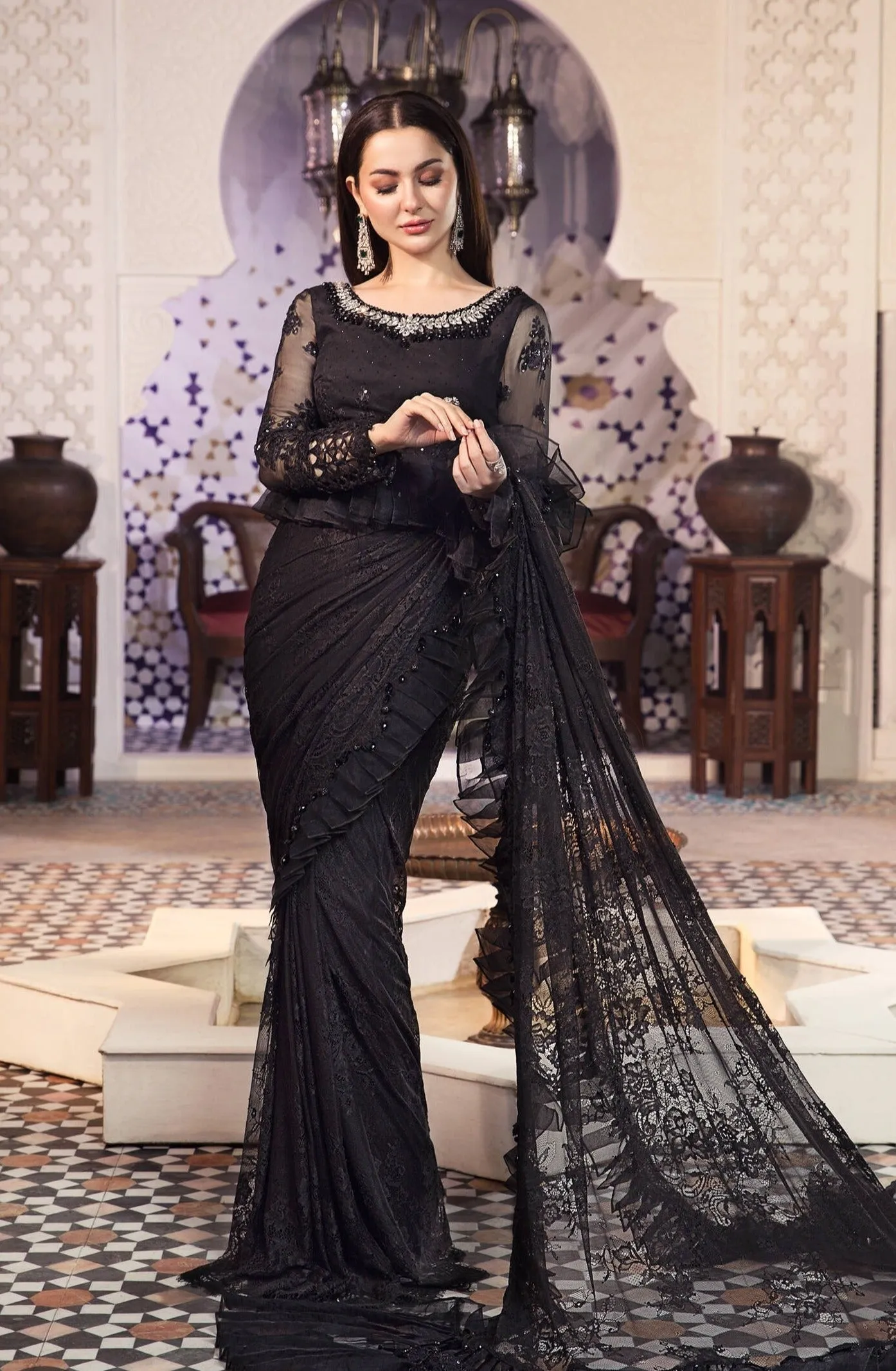 Embroidered Chiffon Black Saree Pakistani Eid Dress
