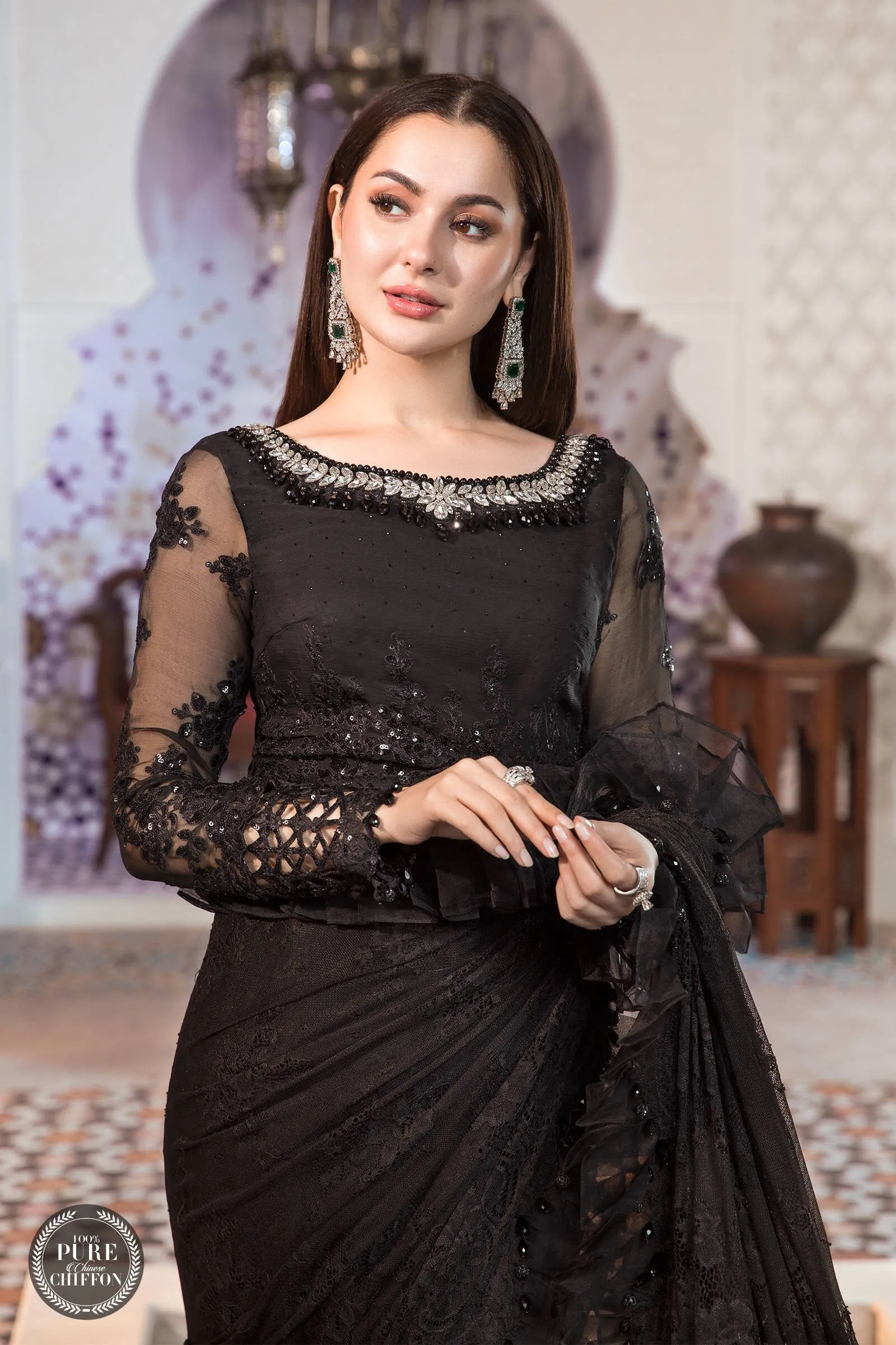 Embroidered Chiffon Black Saree Pakistani Eid Dress