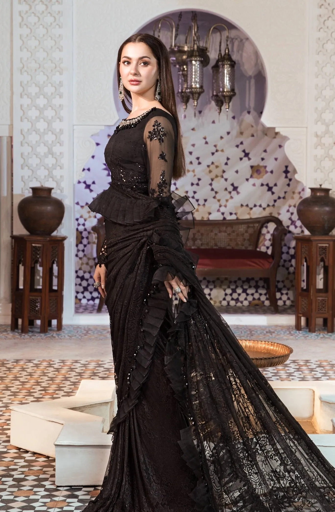 Embroidered Chiffon Black Saree Pakistani Eid Dress