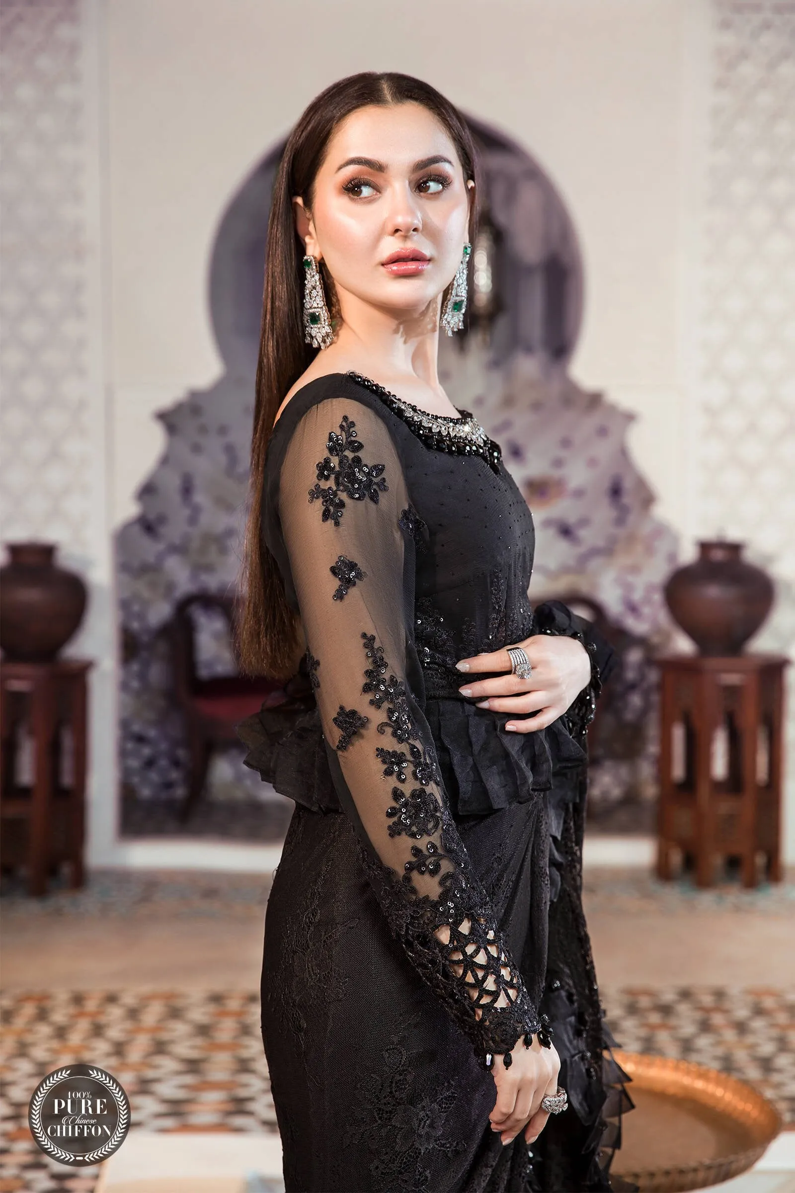 Embroidered Chiffon Black Saree Pakistani Eid Dress