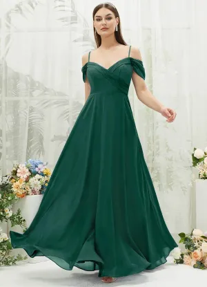 Emerald Green Chiffon Cold Shoulder Sweetheart Bridesmaid Dress Pocket