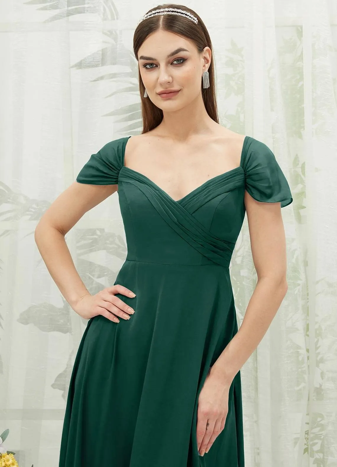 Emerald Green Chiffon Cold Shoulder Sweetheart Bridesmaid Dress Pocket