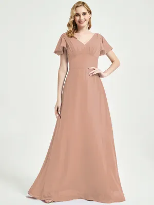 English Rose Ruffle Sleeve V-Neck Maxi Chiffon Empire Bridesmaid Dress