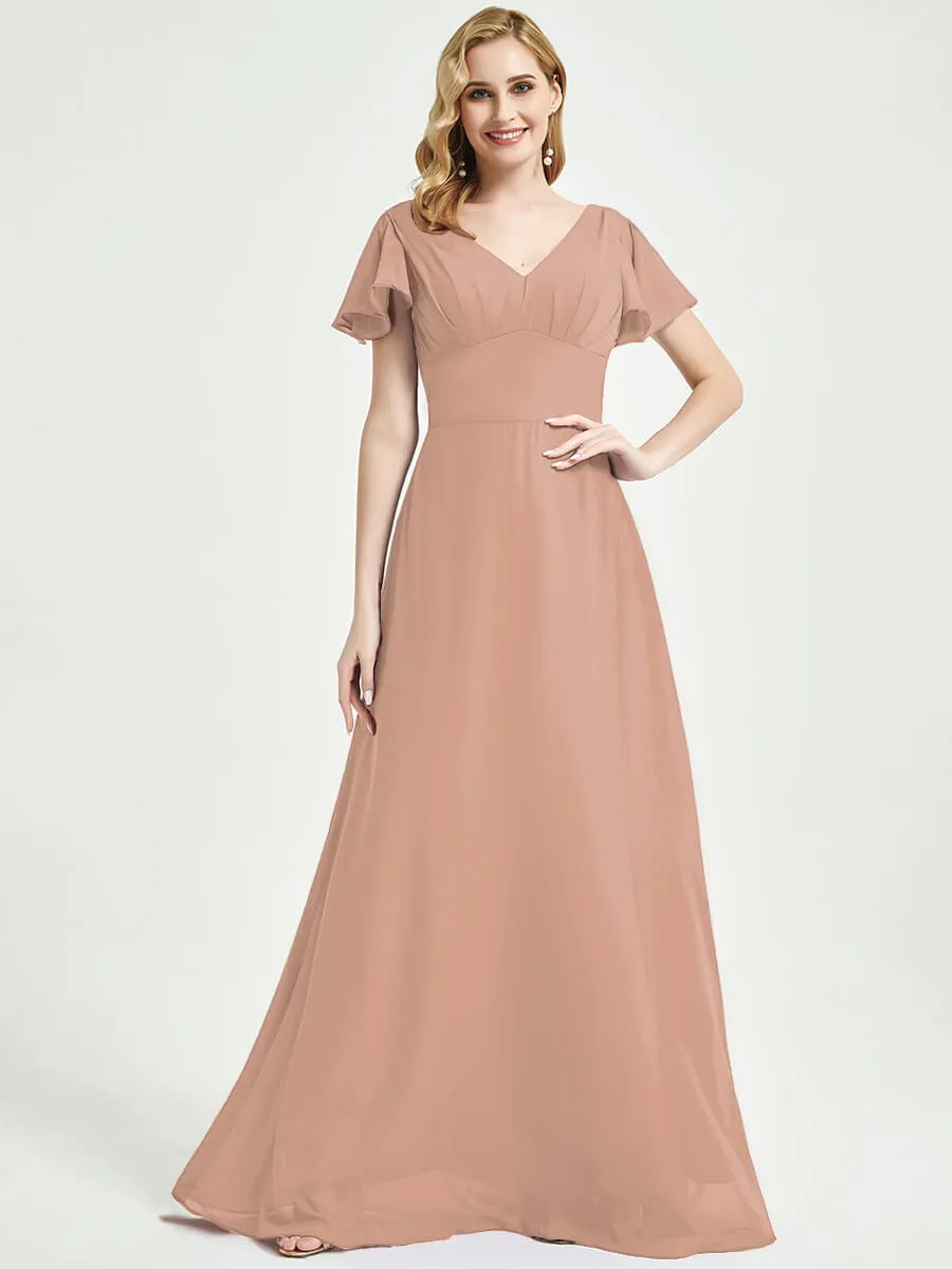 English Rose Ruffle Sleeve V-Neck Maxi Chiffon Empire Bridesmaid Dress