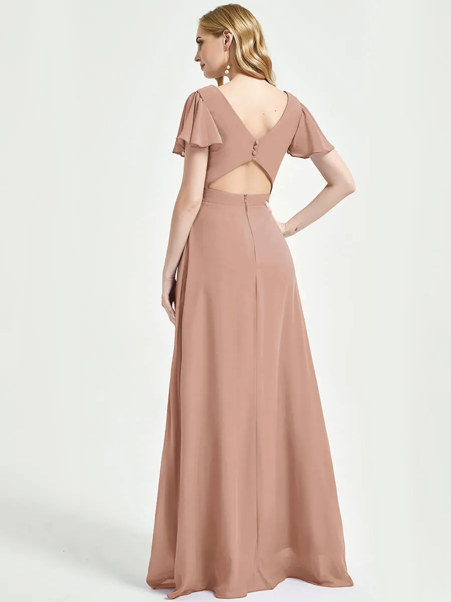 English Rose Ruffle Sleeve V-Neck Maxi Chiffon Empire Bridesmaid Dress