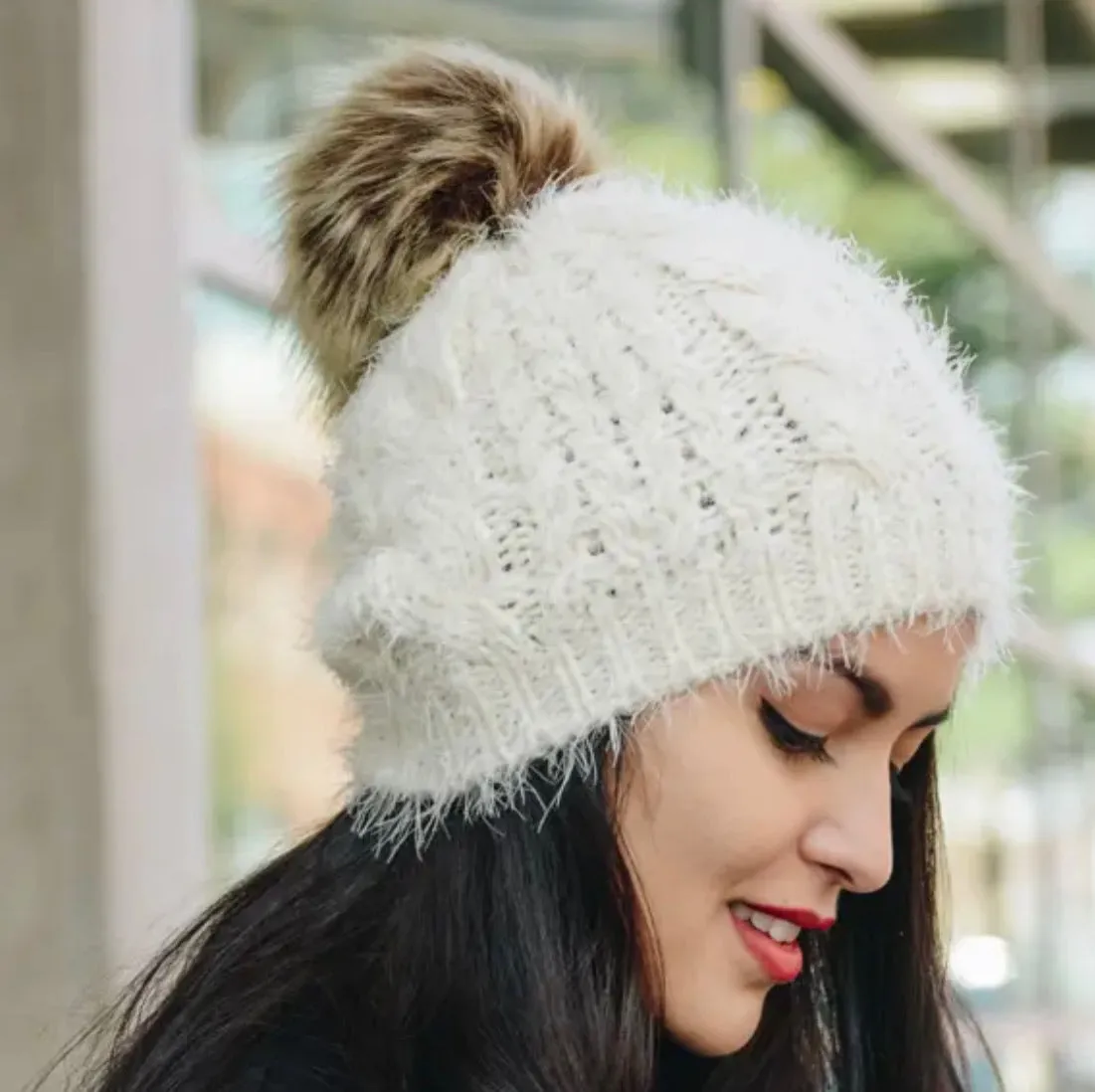 Faux Mohair Cable Knit Pom Pom Beanie