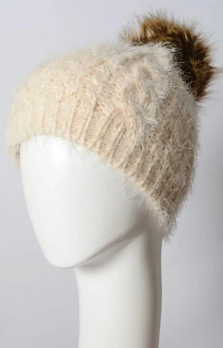 Faux Mohair Cable Knit Pom Pom Beanie