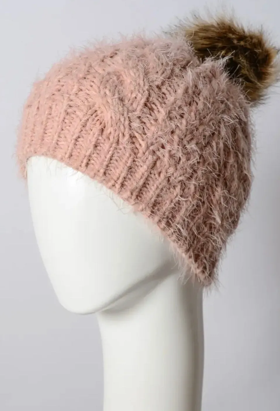 Faux Mohair Cable Knit Pom Pom Beanie