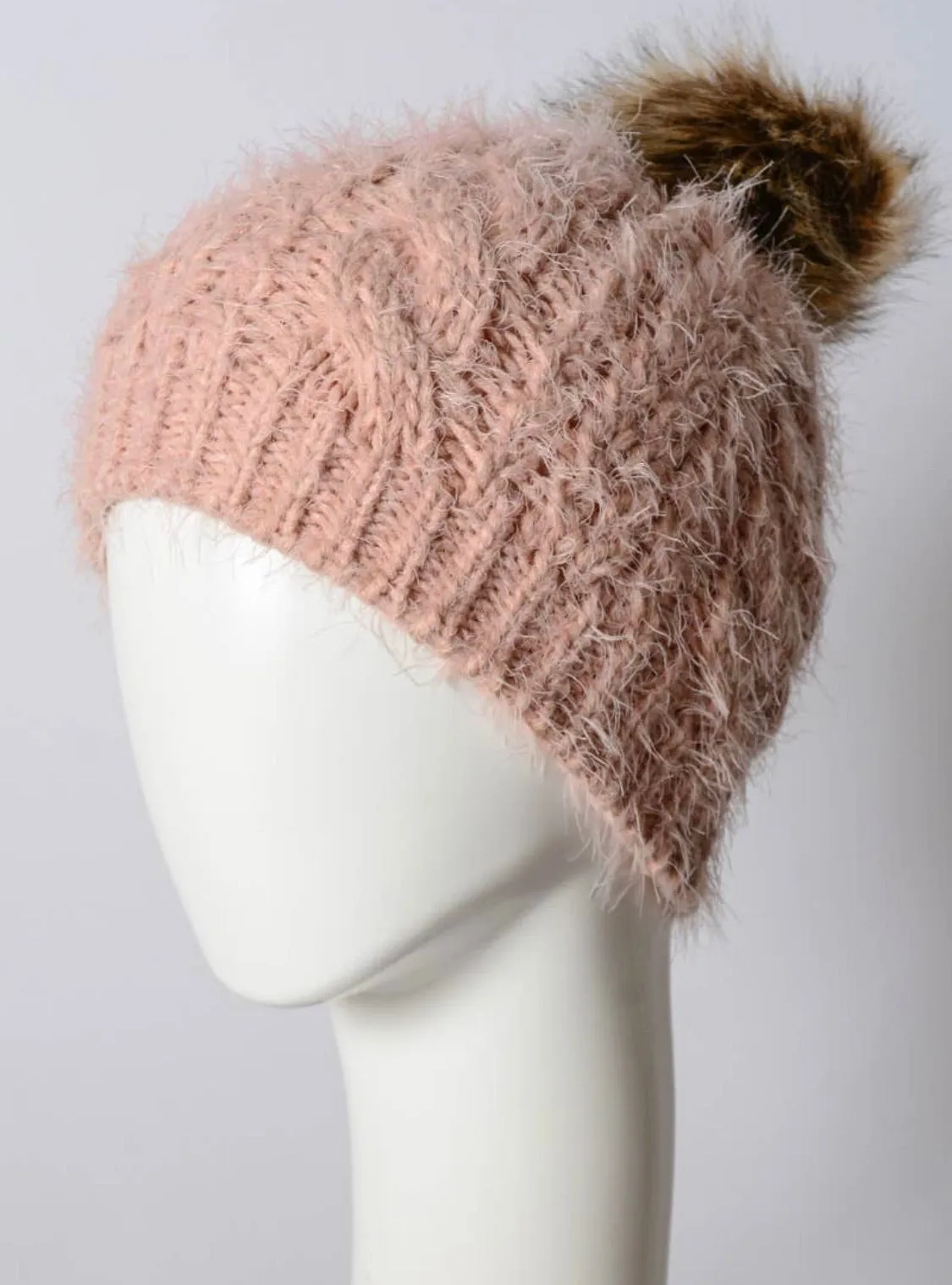 Faux Mohair Cable Knit Pom Pom Beanie
