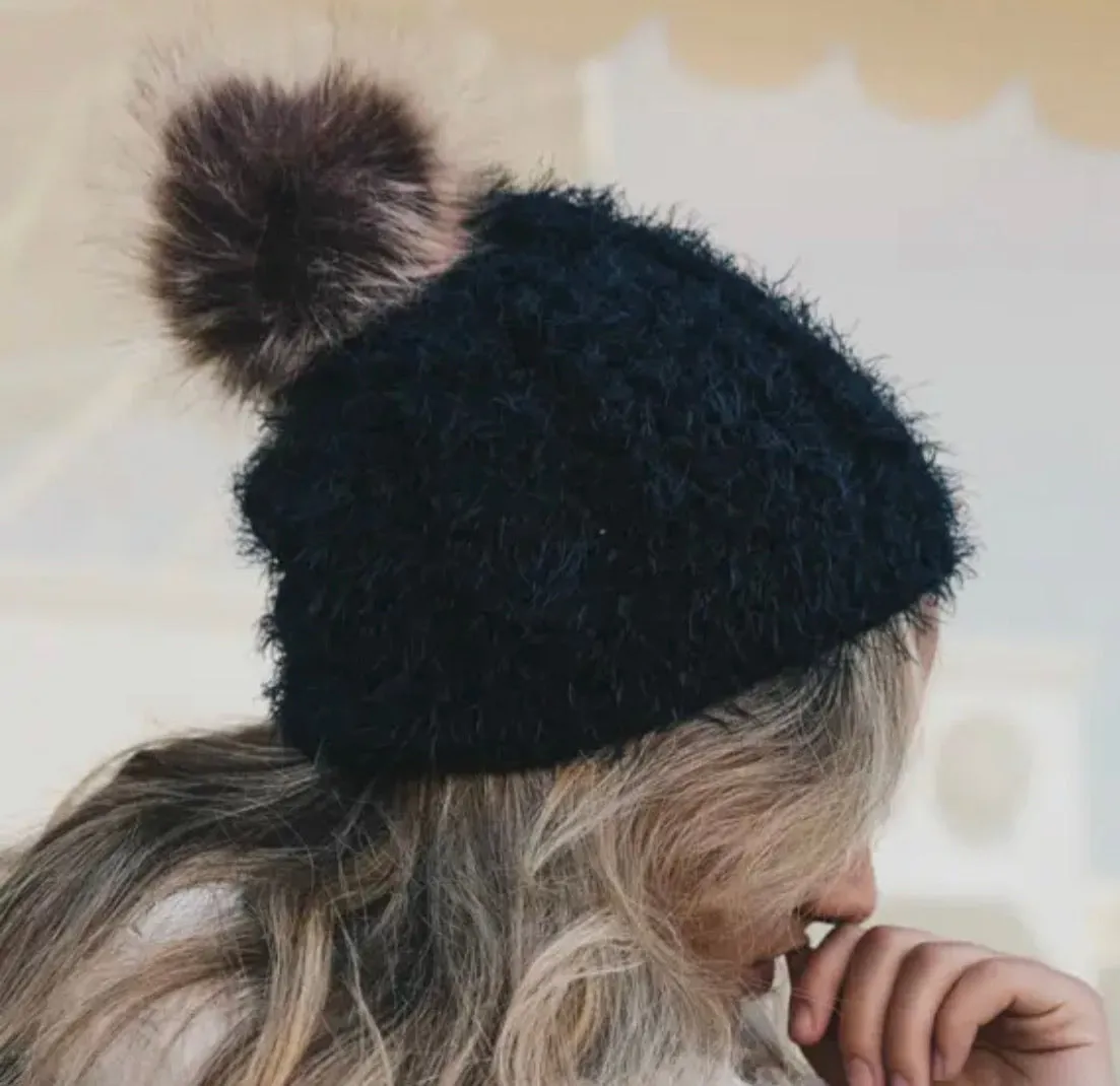 Faux Mohair Cable Knit Pom Pom Beanie