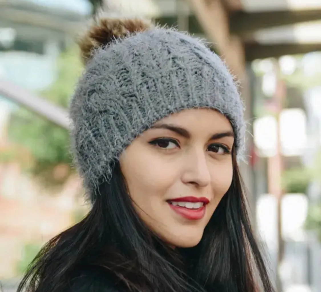 Faux Mohair Cable Knit Pom Pom Beanie