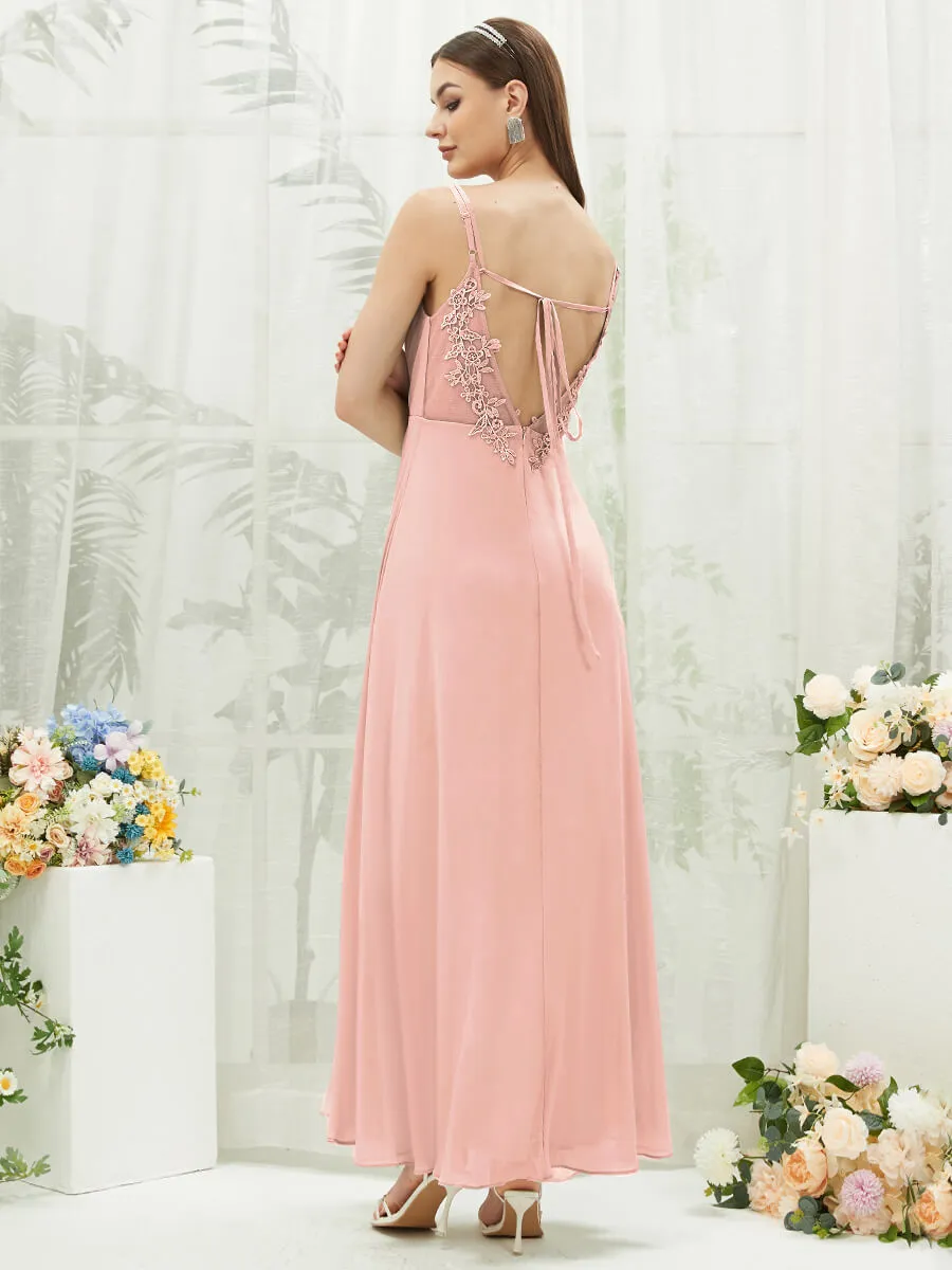 [Final Sale] Blush Adjustable Straps Multi Way Open V Back Lace Applique Bridesmaid Dress