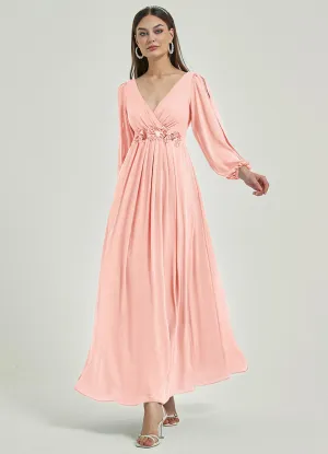 [Final Sale] Blush V-Neck Long Slit Sleeve Pleated Flowy Chiffon Formal Dress