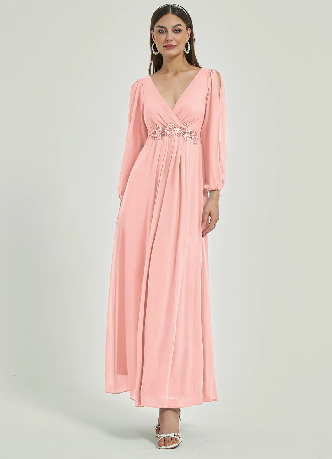 [Final Sale] Blush V-Neck Long Slit Sleeve Pleated Flowy Chiffon Formal Dress