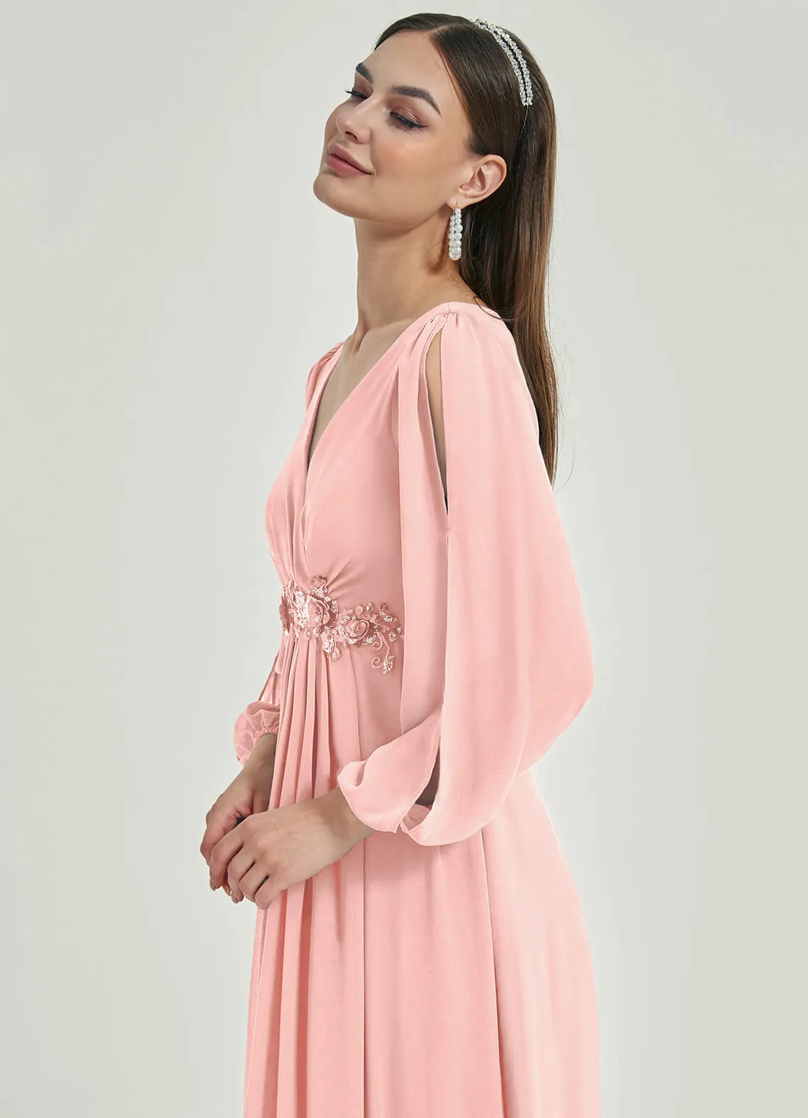 [Final Sale] Blush V-Neck Long Slit Sleeve Pleated Flowy Chiffon Formal Dress
