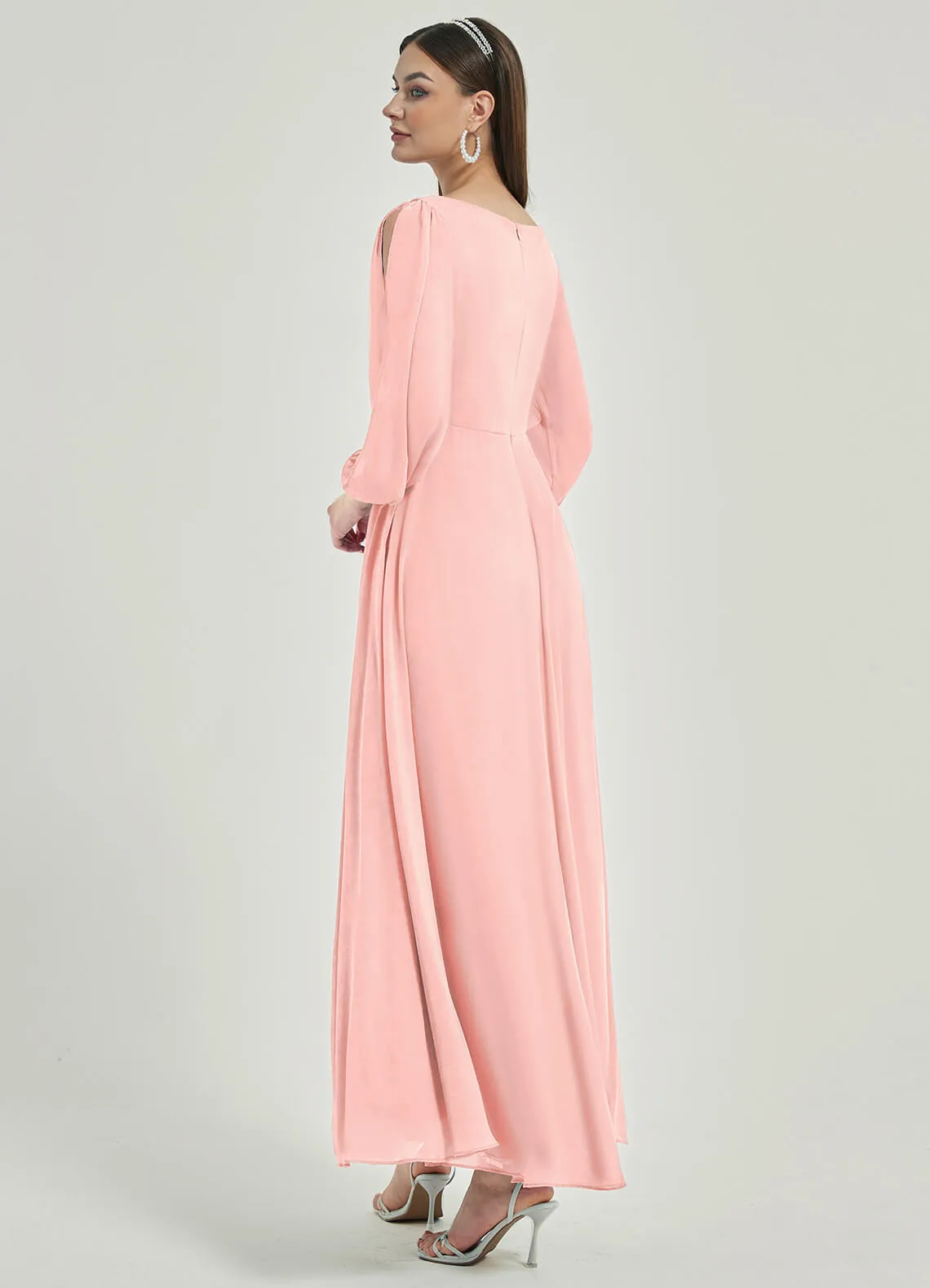 [Final Sale] Blush V-Neck Long Slit Sleeve Pleated Flowy Chiffon Formal Dress