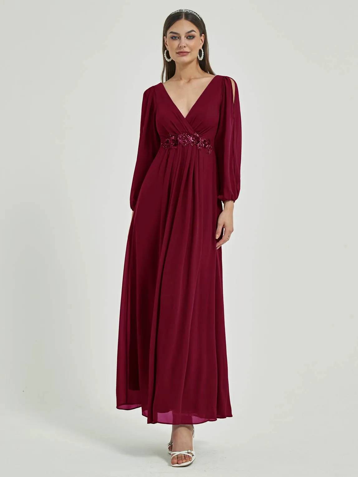 [Final Sale] Burgundy V-Neck Long Slit Sleeve Pleated Flowy Chiffon Formal Dress