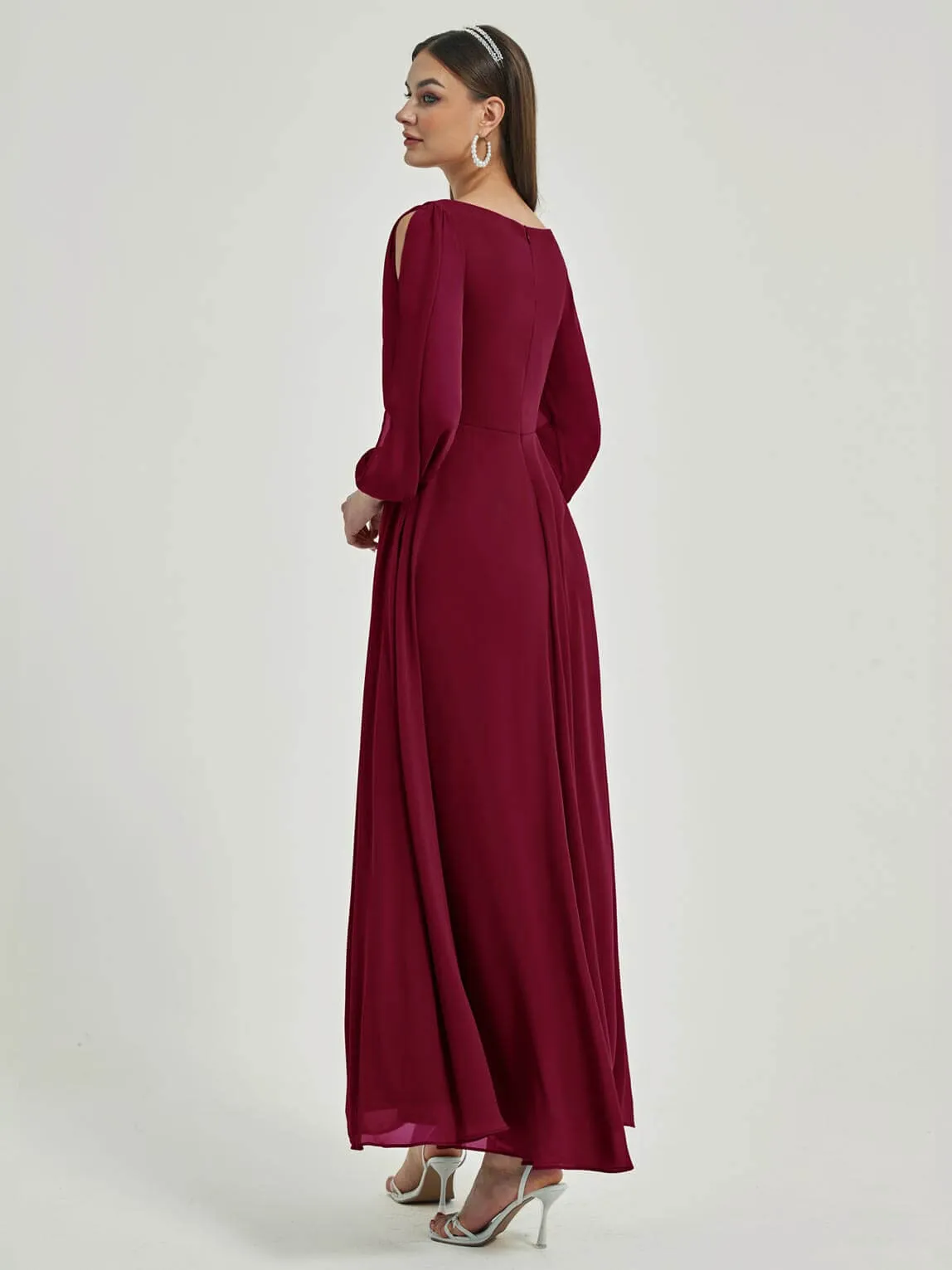 [Final Sale] Burgundy V-Neck Long Slit Sleeve Pleated Flowy Chiffon Formal Dress