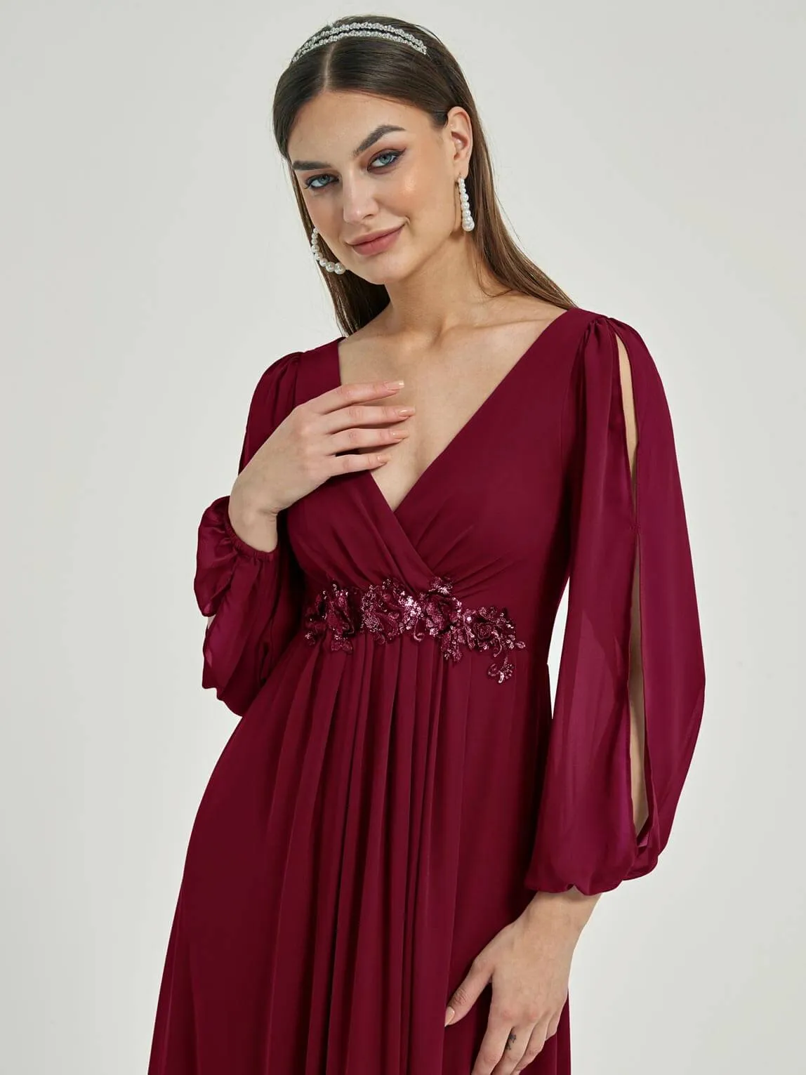 [Final Sale] Burgundy V-Neck Long Slit Sleeve Pleated Flowy Chiffon Formal Dress