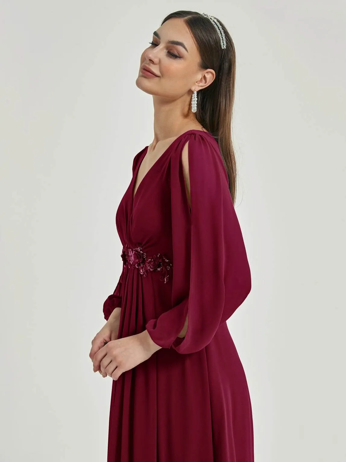 [Final Sale] Burgundy V-Neck Long Slit Sleeve Pleated Flowy Chiffon Formal Dress