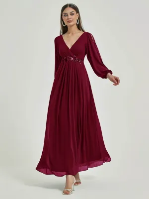[Final Sale] Burgundy V-Neck Long Slit Sleeve Pleated Flowy Chiffon Formal Dress