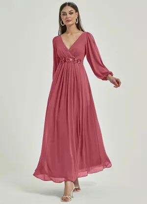 [Final Sale] Canyon Rose V-Neck Long Slit Sleeve Pleated Flowy Chiffon Formal Dress