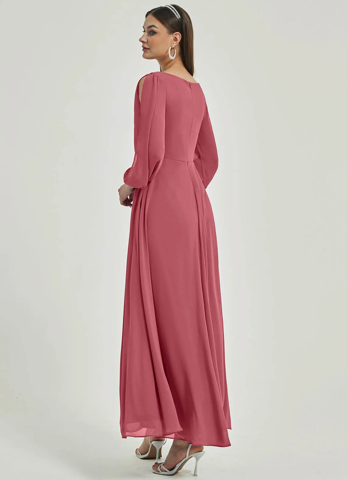 [Final Sale] Canyon Rose V-Neck Long Slit Sleeve Pleated Flowy Chiffon Formal Dress