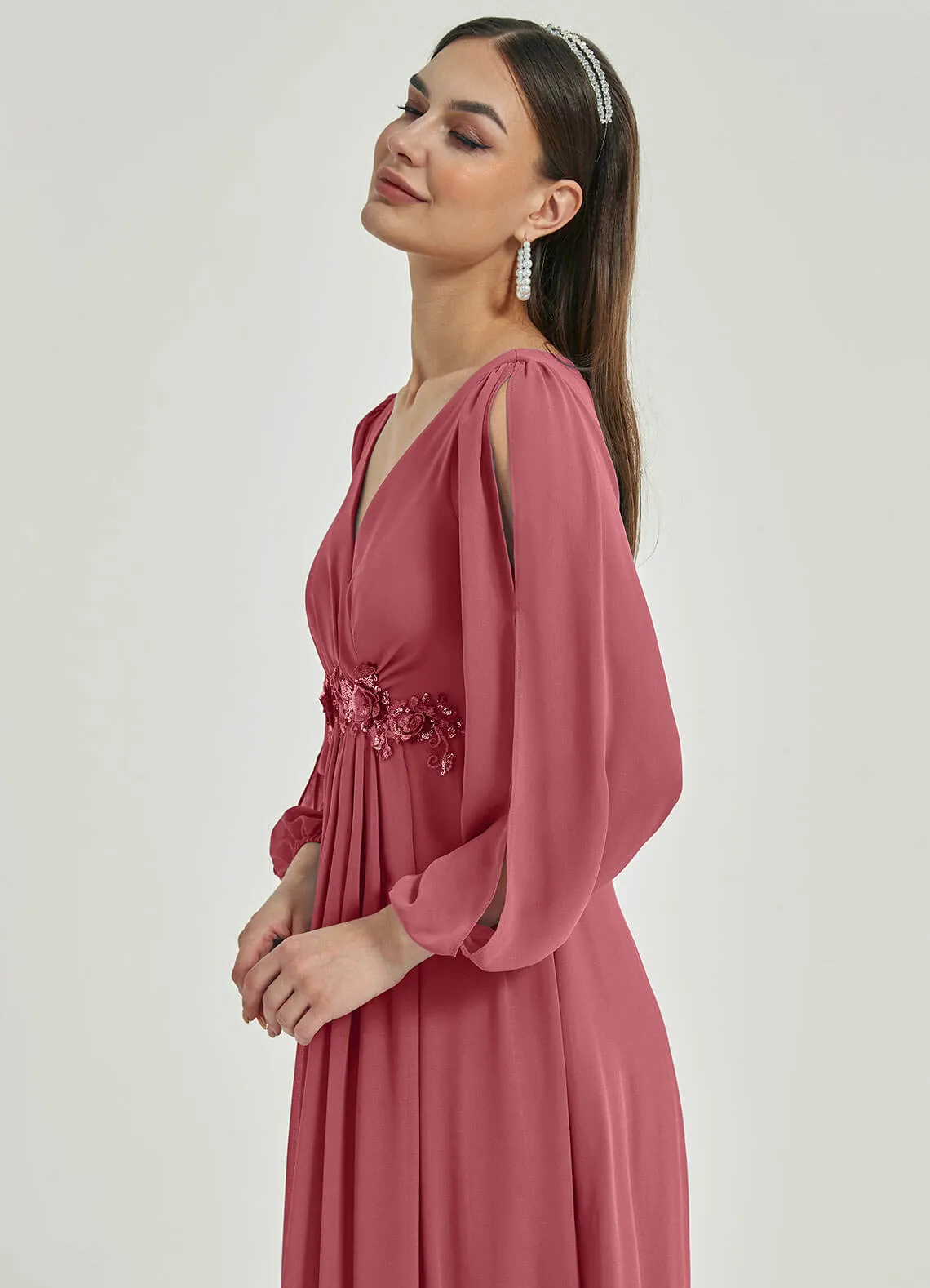 [Final Sale] Canyon Rose V-Neck Long Slit Sleeve Pleated Flowy Chiffon Formal Dress
