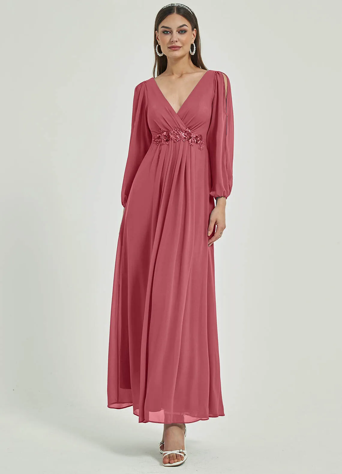 [Final Sale] Canyon Rose V-Neck Long Slit Sleeve Pleated Flowy Chiffon Formal Dress