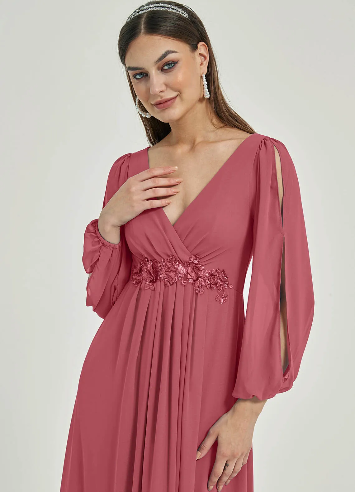 [Final Sale] Canyon Rose V-Neck Long Slit Sleeve Pleated Flowy Chiffon Formal Dress