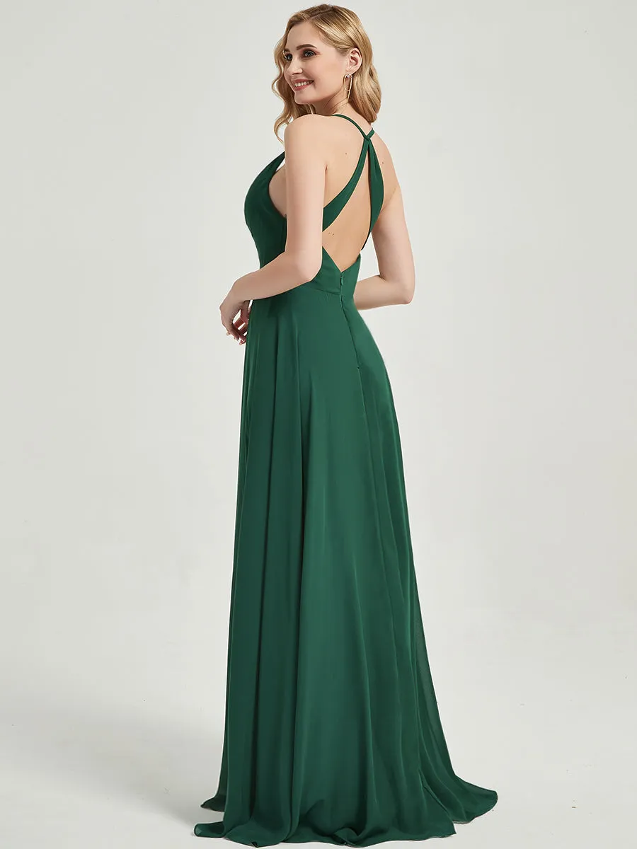 [Final Sale] Cinnamon Rose Pleated Halter V-Neck Backless Chiffon Bridesmaid Dress