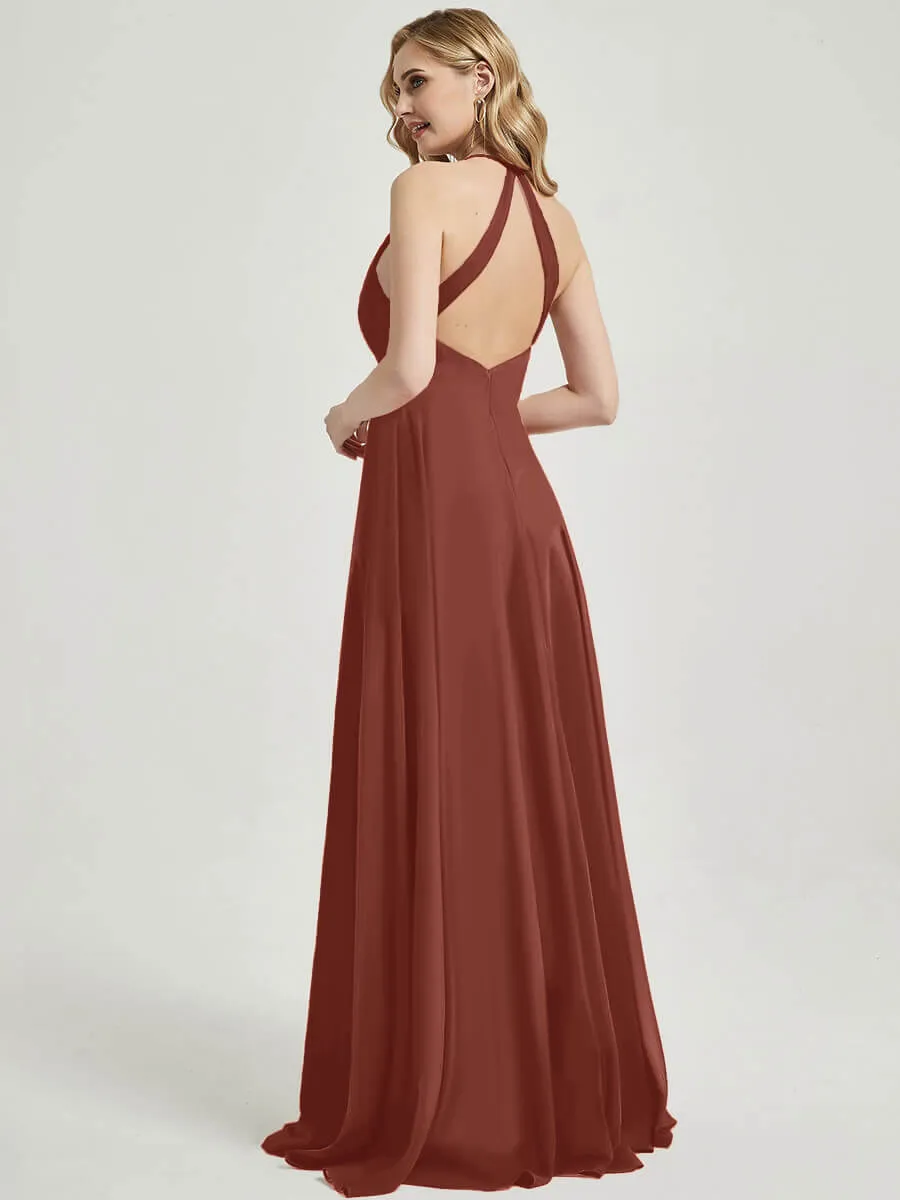 [Final Sale] Cinnamon Rose Pleated Halter V-Neck Backless Chiffon Bridesmaid Dress