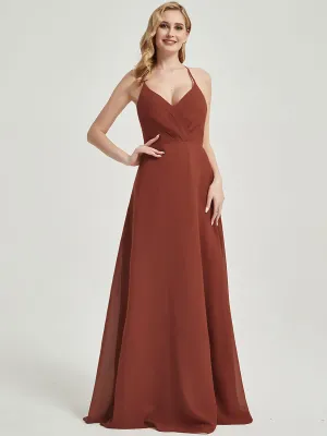 [Final Sale] Cinnamon Rose Pleated Halter V-Neck Backless Chiffon Bridesmaid Dress