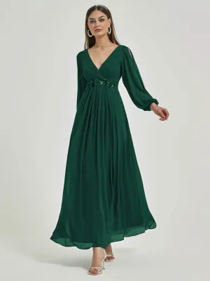 [Final Sale] Emerald Green V-Neck Long Slit Sleeve Pleated Flowy Chiffon Formal Dress