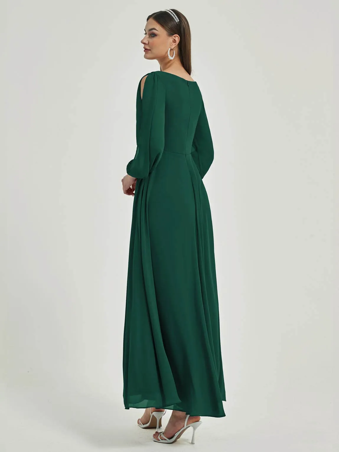 [Final Sale] Emerald Green V-Neck Long Slit Sleeve Pleated Flowy Chiffon Formal Dress