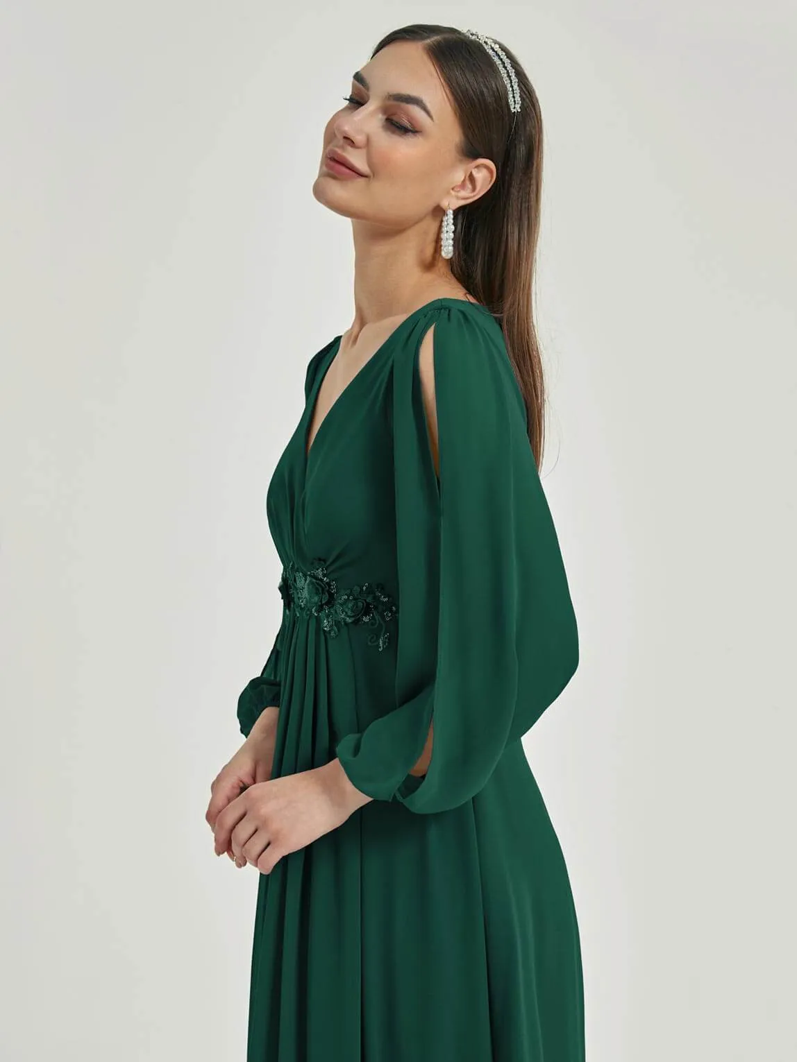 [Final Sale] Emerald Green V-Neck Long Slit Sleeve Pleated Flowy Chiffon Formal Dress