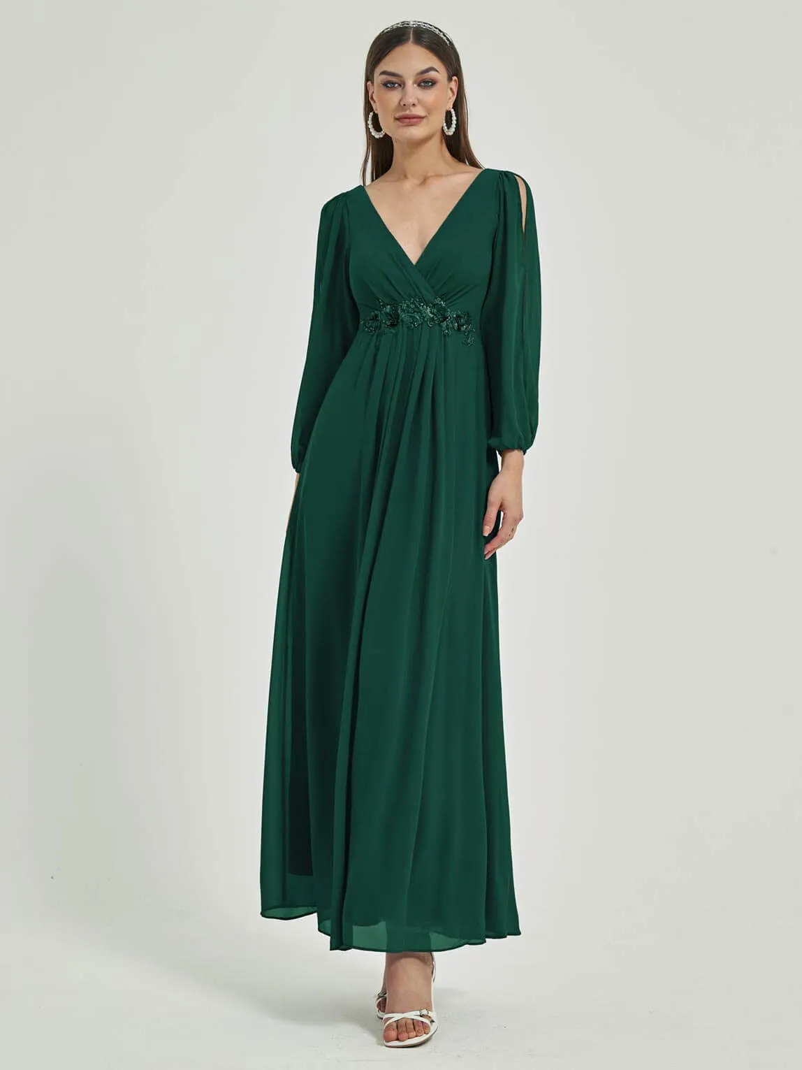 [Final Sale] Emerald Green V-Neck Long Slit Sleeve Pleated Flowy Chiffon Formal Dress