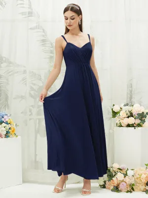 [Final Sale] Navy Blue Adjustable Straps Multi Way Open V Back Lace Applique Bridesmaid Dress
