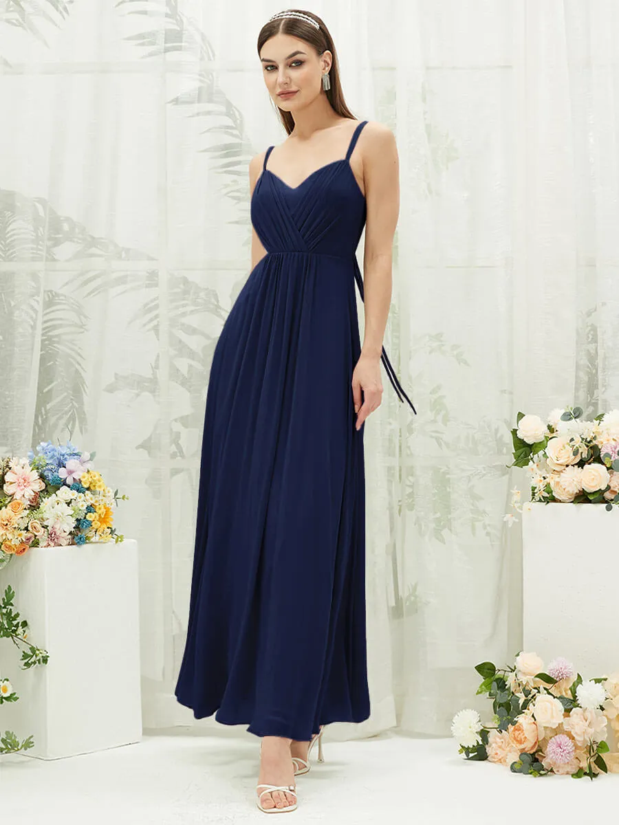 [Final Sale] Navy Blue Adjustable Straps Multi Way Open V Back Lace Applique Bridesmaid Dress