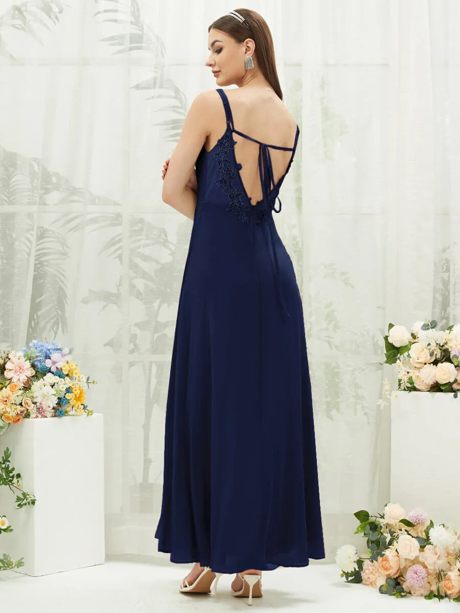 [Final Sale] Navy Blue Adjustable Straps Multi Way Open V Back Lace Applique Bridesmaid Dress