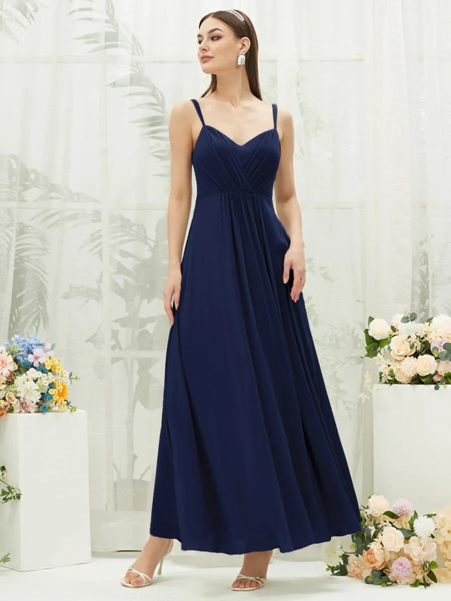 [Final Sale] Navy Blue Adjustable Straps Multi Way Open V Back Lace Applique Bridesmaid Dress