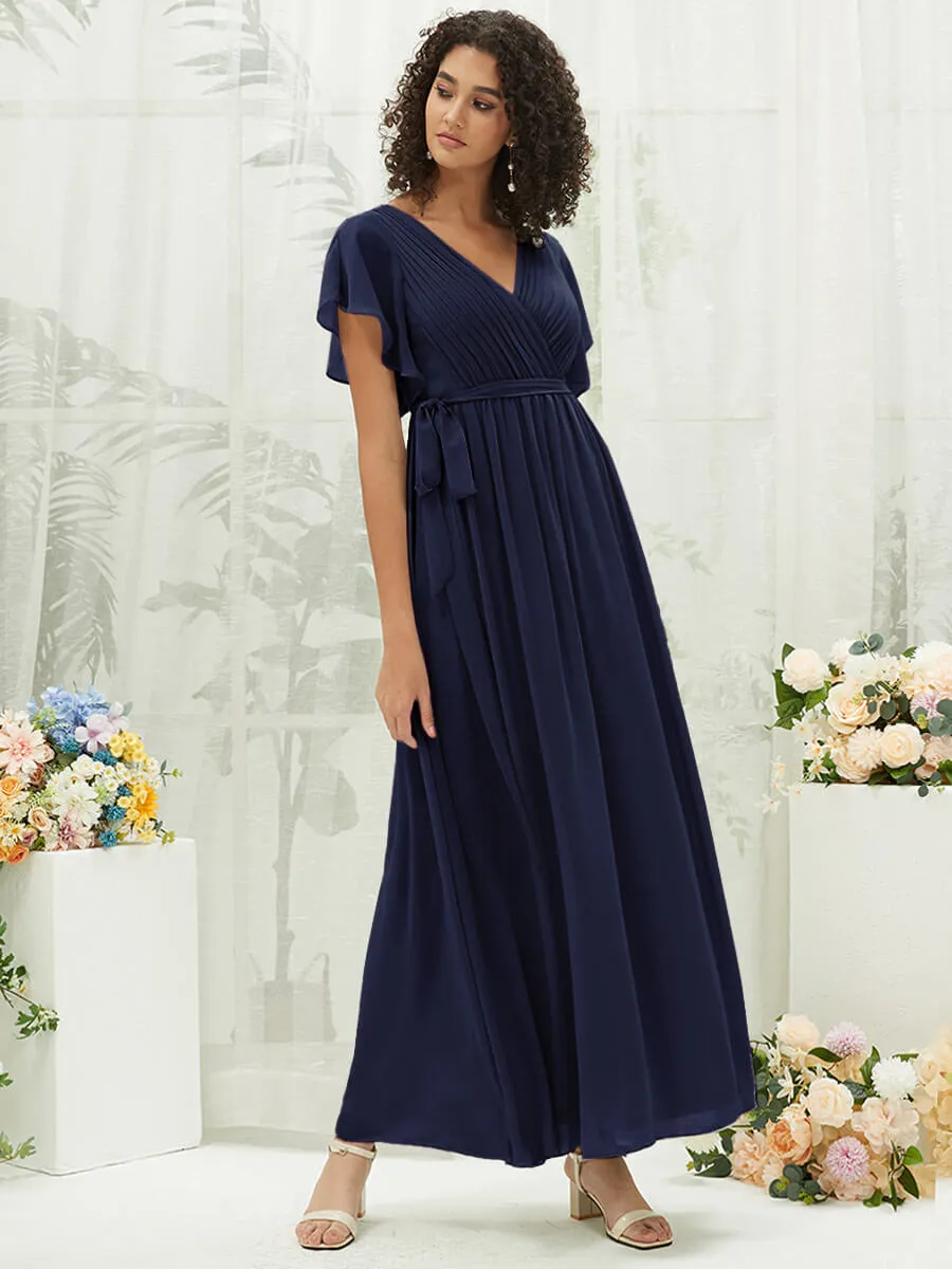 [Final Sale] Navy Blue Short Sleeves Floor Length Silky Chiffon Bridesmaid Dress