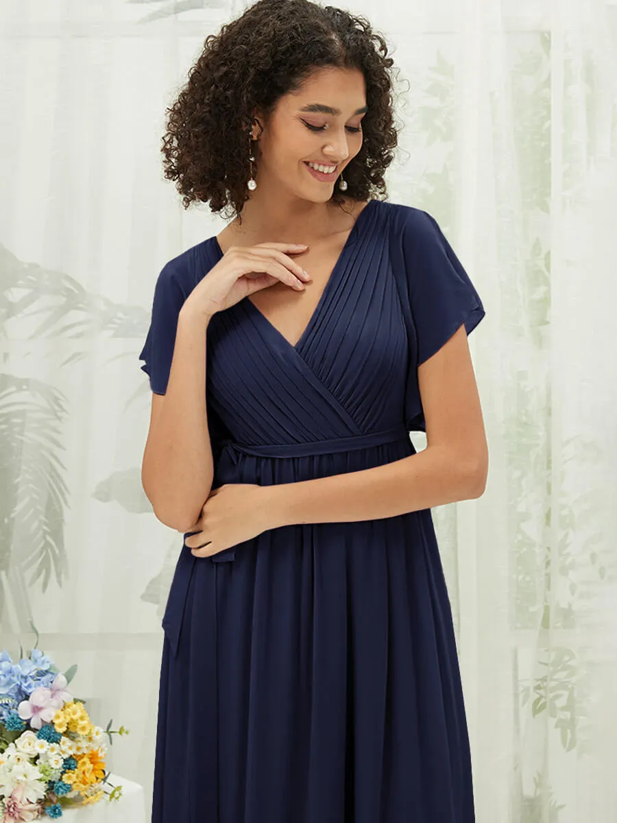 [Final Sale] Navy Blue Short Sleeves Floor Length Silky Chiffon Bridesmaid Dress