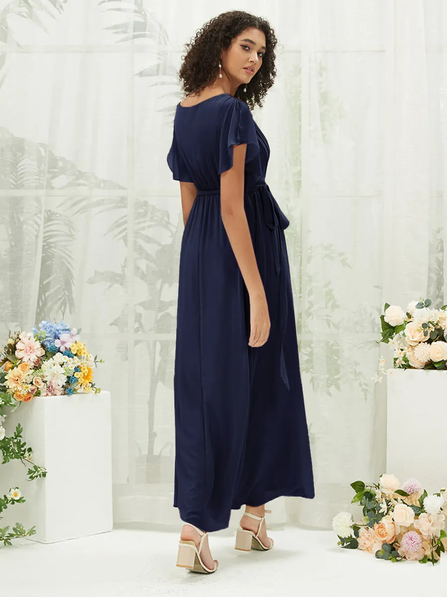 [Final Sale] Navy Blue Short Sleeves Floor Length Silky Chiffon Bridesmaid Dress