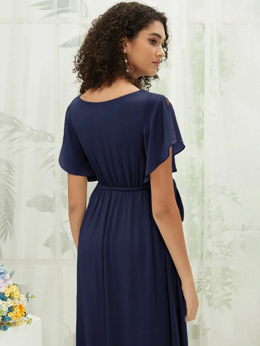 [Final Sale] Navy Blue Short Sleeves Floor Length Silky Chiffon Bridesmaid Dress
