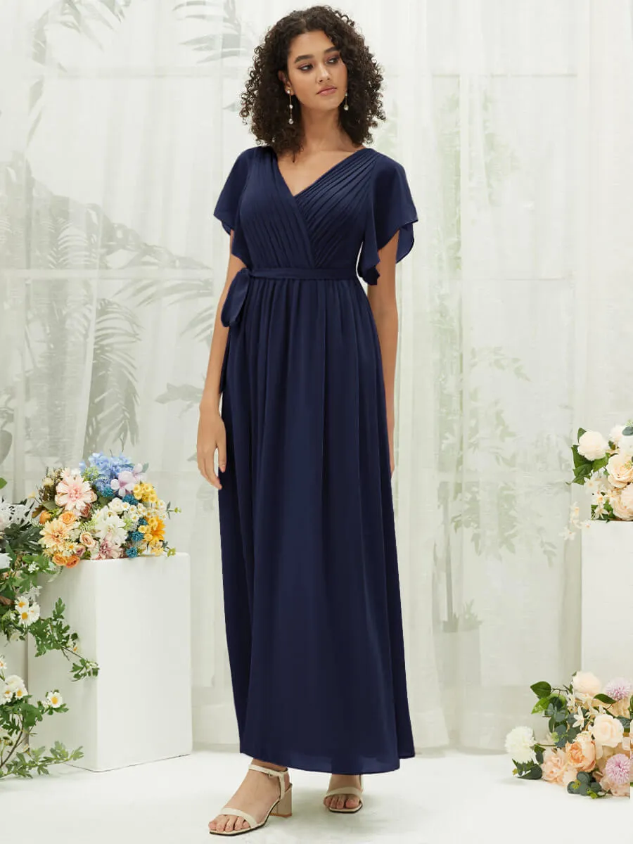 [Final Sale] Navy Blue Short Sleeves Floor Length Silky Chiffon Bridesmaid Dress