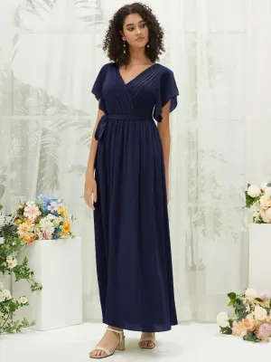 [Final Sale] Navy Blue Short Sleeves Floor Length Silky Chiffon Bridesmaid Dress