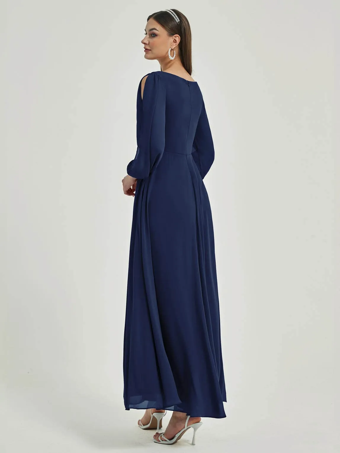 [Final Sale] Navy Blue V-Neck Long Slit Sleeve Pleated Flowy Chiffon Formal Dress