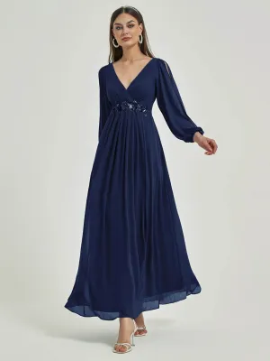 [Final Sale] Navy Blue V-Neck Long Slit Sleeve Pleated Flowy Chiffon Formal Dress