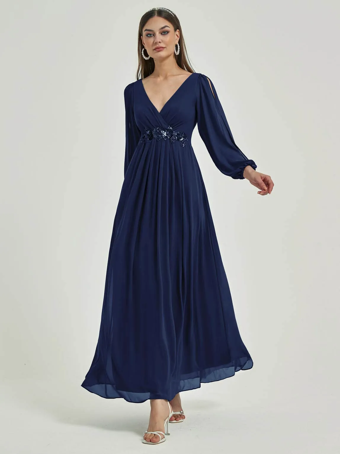 [Final Sale] Navy Blue V-Neck Long Slit Sleeve Pleated Flowy Chiffon Formal Dress